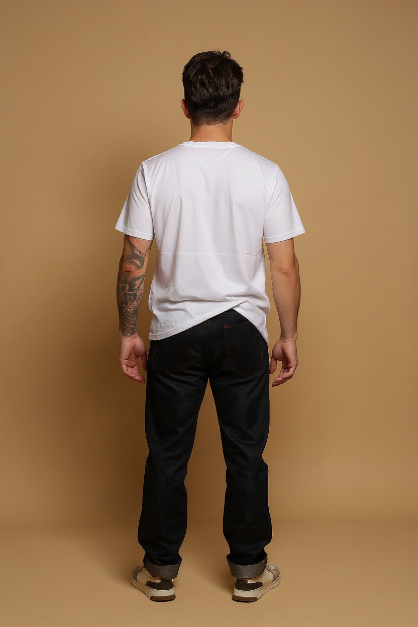 Modèle homme portant le jeans en lin et coton bio Ruscino à coupe droite et taille mi-haute, de couleur bleu jeans, avec un t-shirt blanc et des baskets beiges, sur fond neutre - Le Gaulois jeans