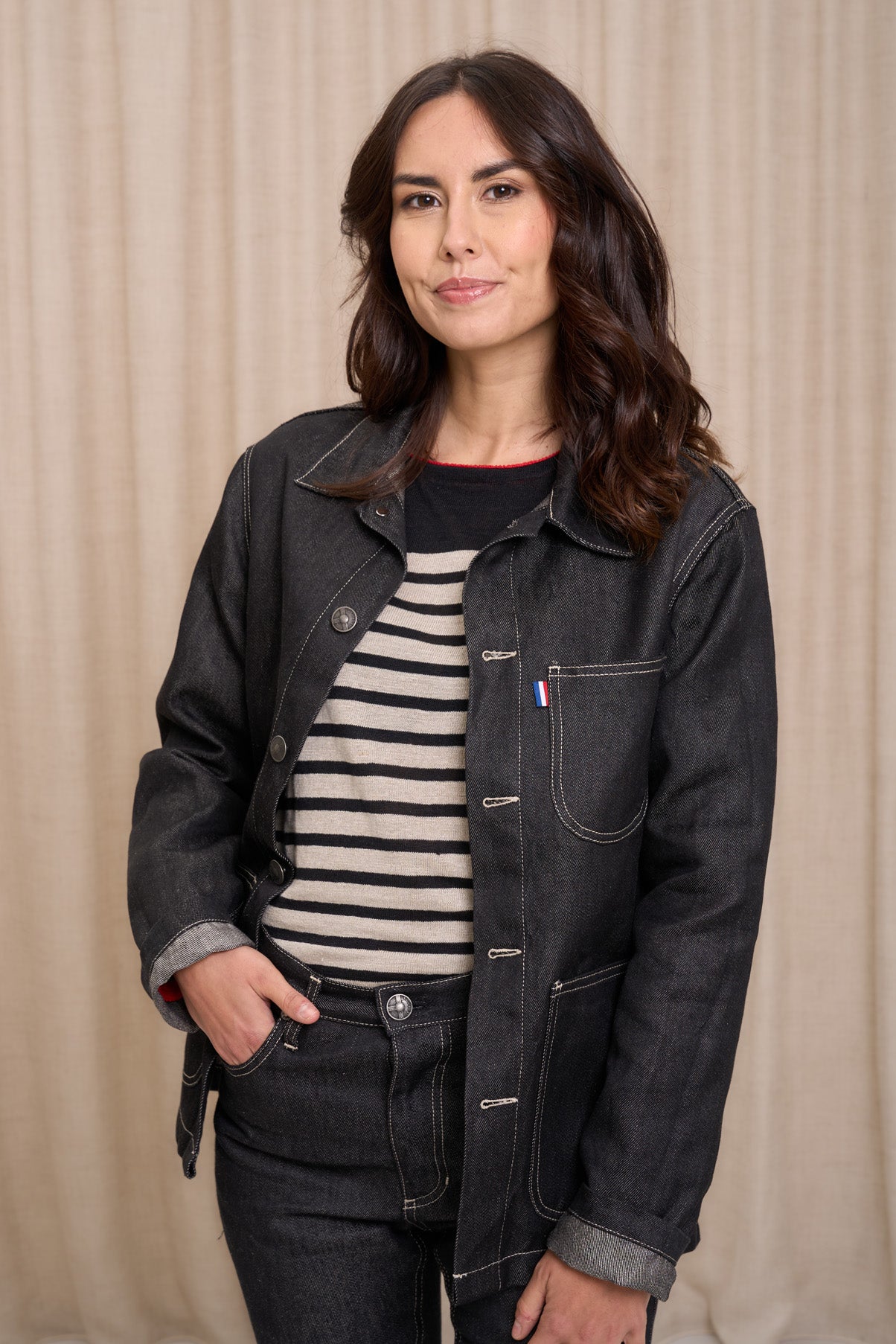 Veste en jean pour femme Corensi en 100 % lin, coloris noir, photo 1 sur 8, Le Gaulois Jeans