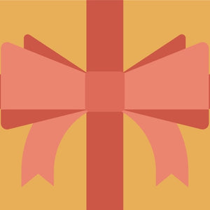 Illustration d'une carte cadeau avec un gros nœud rose et ruban rouge sur fond jaune, symbole d'un présent idéal pour l'achat de jeans en {matériaux} ou autres articles chez Le Gaulois jeans.