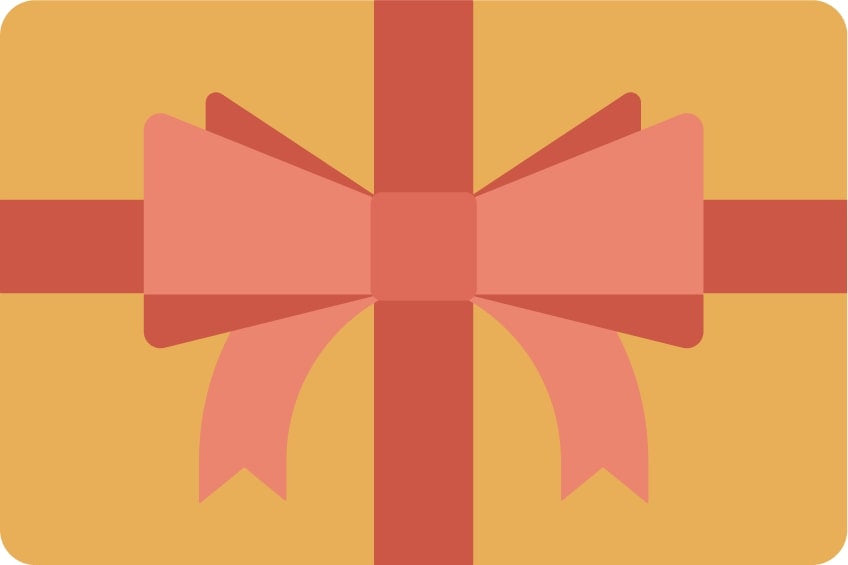 Illustration d'une carte cadeau avec un gros nœud rose et ruban rouge sur fond jaune, symbole d'un présent idéal pour l'achat de jeans en {matériaux} ou autres articles chez Le Gaulois jeans.